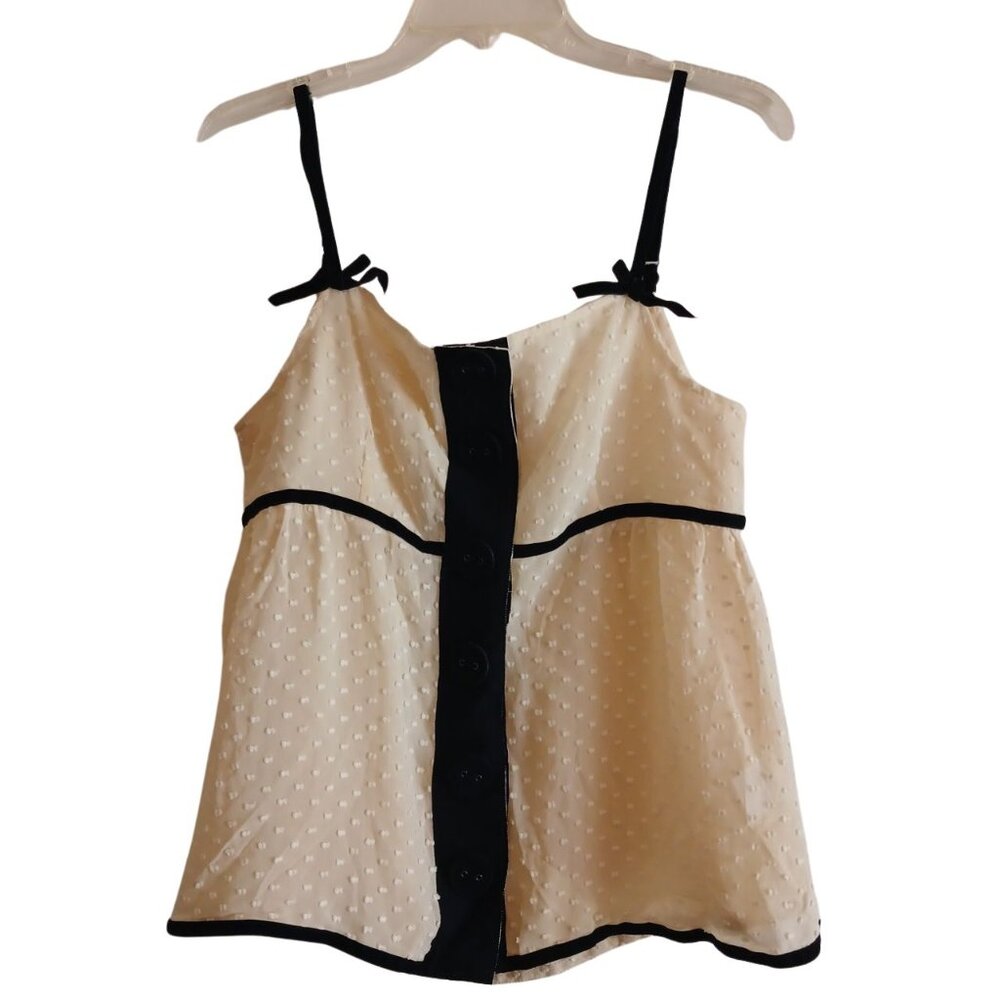 MANOUSH Silk Polka Dot Bow Ecru Black Button Tank Top Blouse